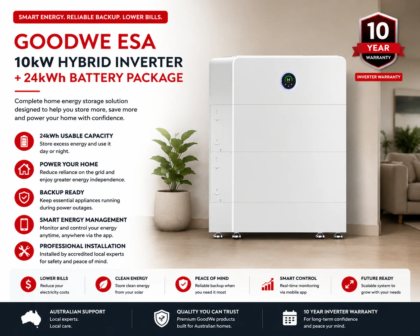 GoodWe ESA 10kW Hybrid Inverter + 24kWh Battery Package